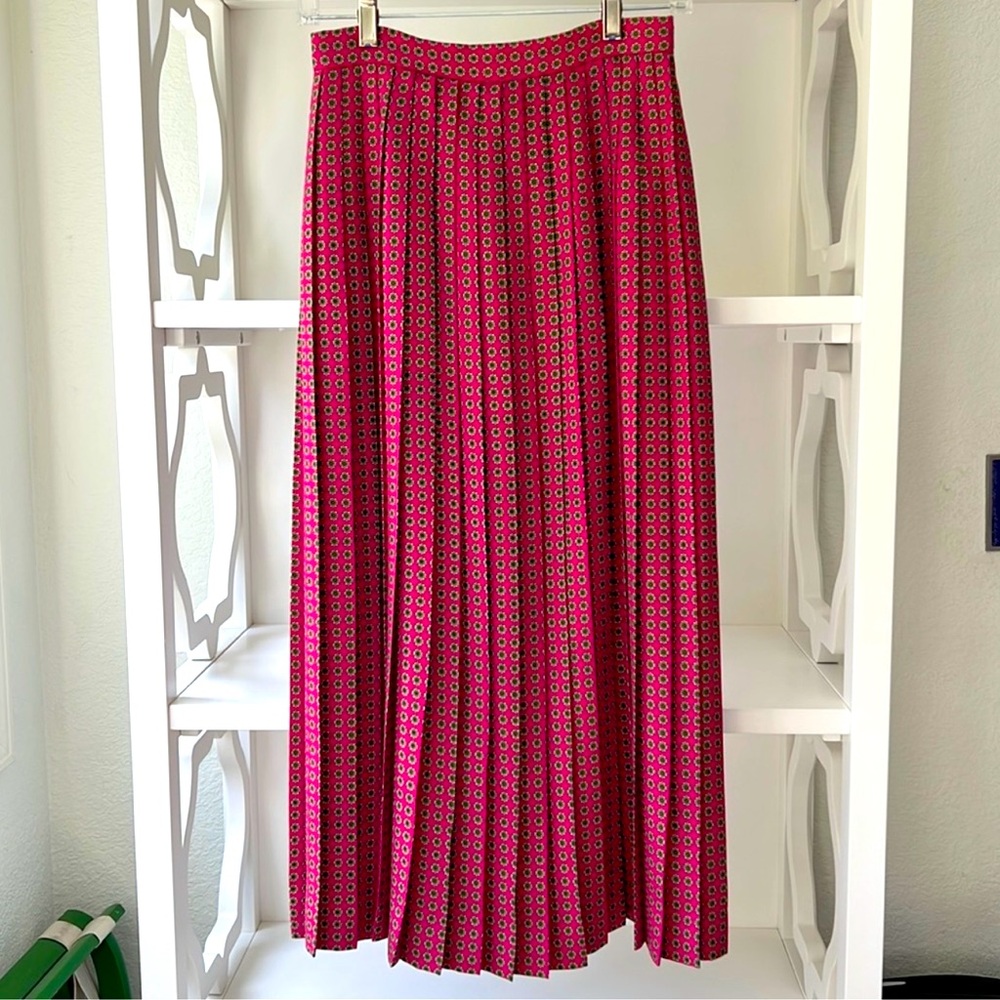 “RARE” Vintage, Ralph Lauren Red & Gold Medallion Wool Pleated MIDI Skirt, Sz 6
